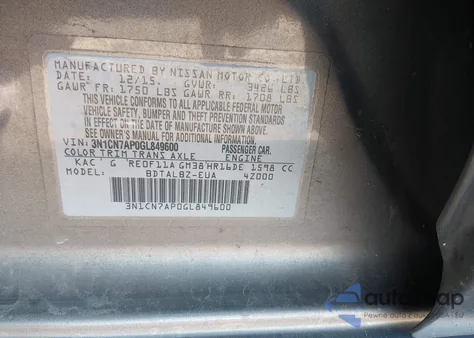 2016 Nissan Versa 1.6 S/1.6 S+/1.6 Sl/1.6 Sv z USA, uszkodzony, nr VIN 3N1CN7AP0GL849600